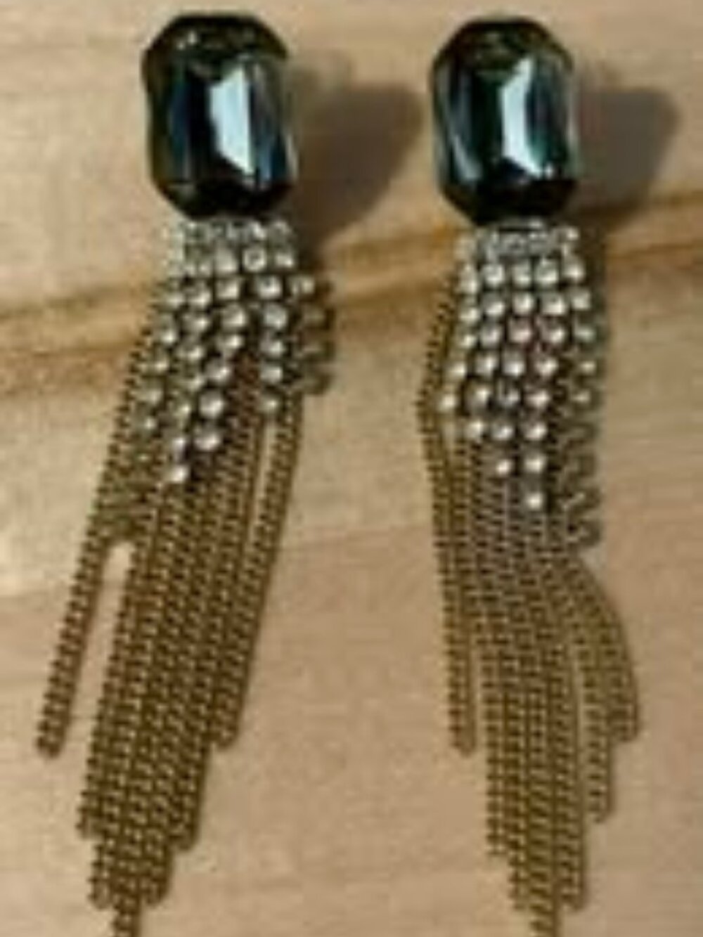 Rocksbox gold glam statement earrings with grey faux gemstones long fringe. NWOT
